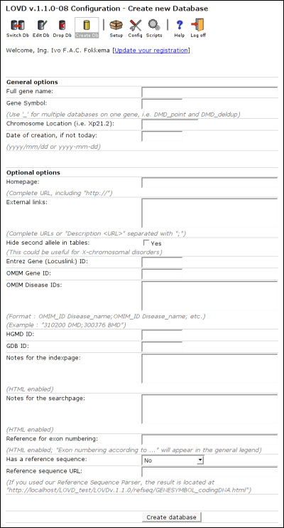 The 'Create new Database' form as it appears directly after installation of LOVD.
