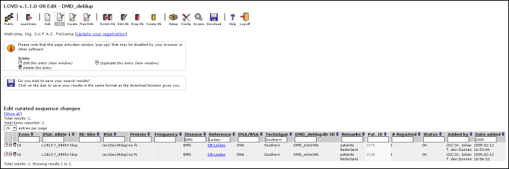 The Edit list, searching on mutations reported in 2005 by the Leiden laboratory, detected by Southern blot and causing a BMD phenotype.