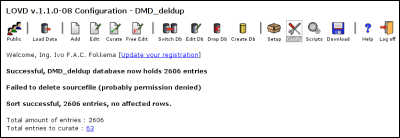 The result of loading data into the example database. The error 'Failed to delete sourcefile' is very common, it means you have to delete the uploaded file manually.