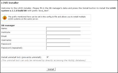 Fill in the DB manager data to install LOVD