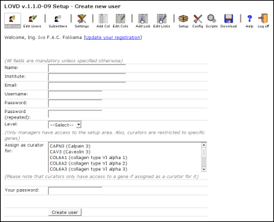 The form used to create new LOVD users.