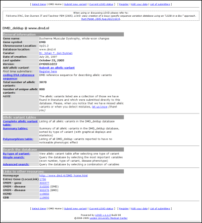 An example gene homepage for the DMD gene. Since many customizations are possible for the gene homepage, the page is likely to look different on various different setups.